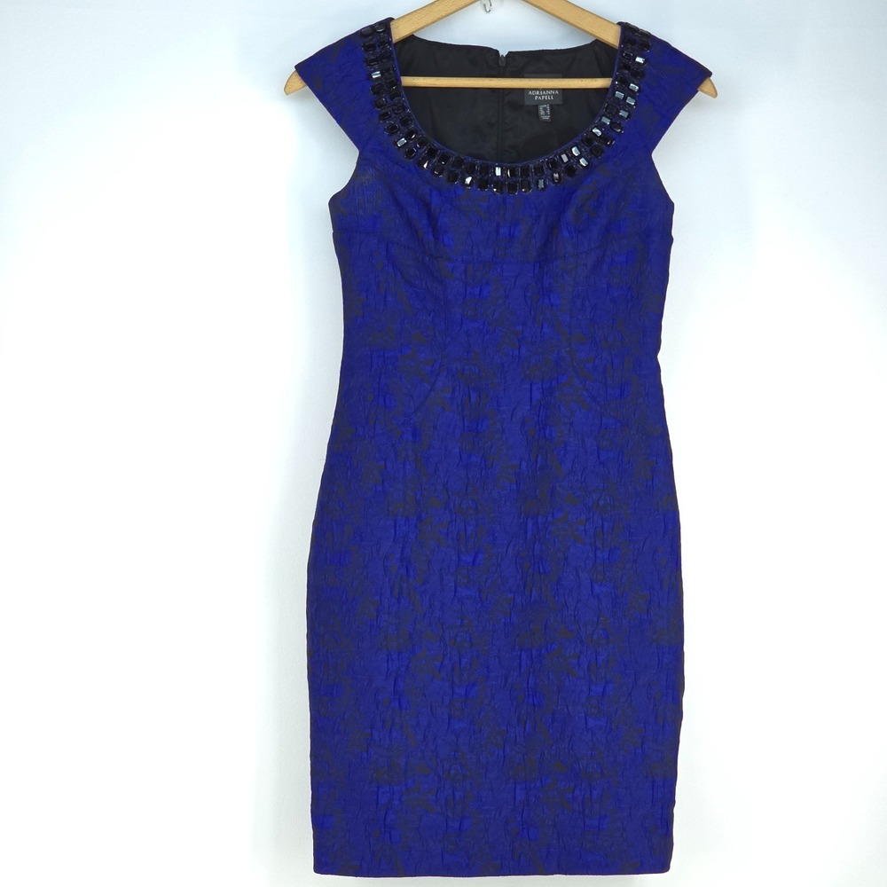 Adrianna Papell Sheath Dress Sz 4 Black Blue Jacquard Brocade Beaded Embellished